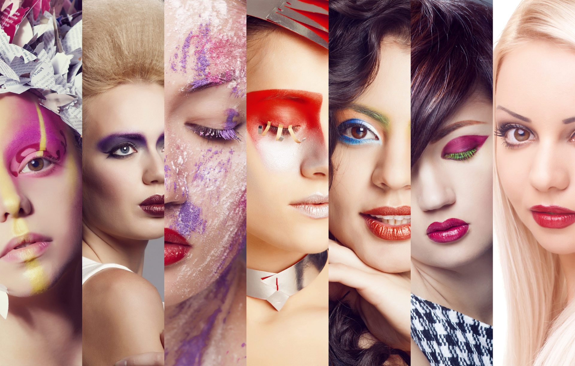 Collage of different makeup looks, from soft glam to graphic color