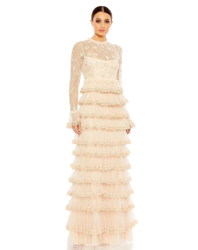 A couture-inspired high-neck wedding dress with intricate embroidery, long sleeves, and dramatic tiered ruffles.