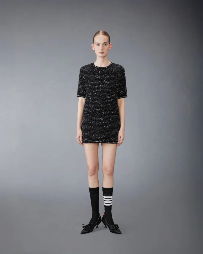 Textured Eyelash Tweed Jacquard mini dress, blending Chanel-inspired tweed with a modern cut.