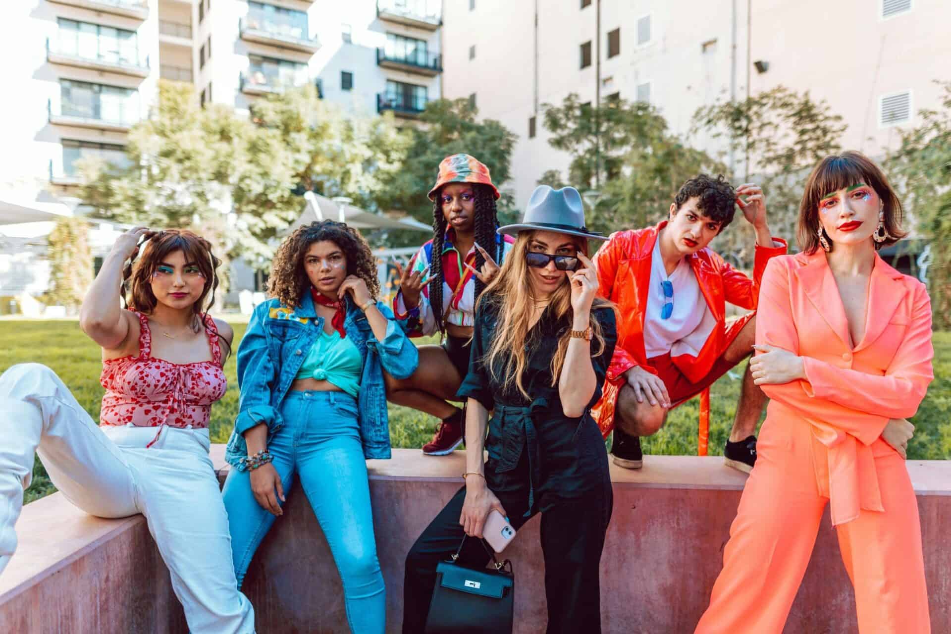 Group of stylish young friends in bold colors posing together outdoors