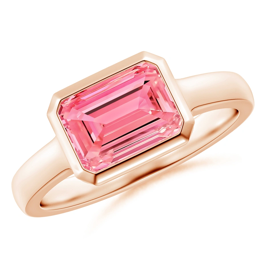 East-West Emerald-Cut Fancy Intense Pink Diamond Solitaire Ring in Bezel Setting