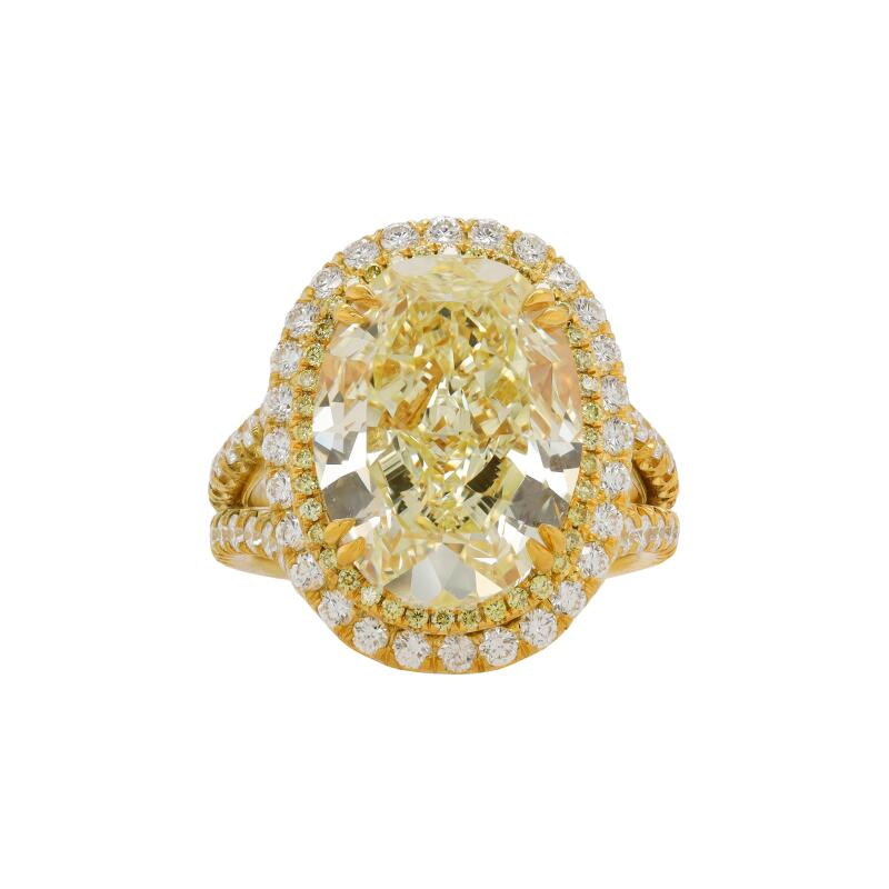 Gold, 10.14ct Oval Cut Fancy Yellow Diamond, Yellow Diamond and Diamond Engagement Ring