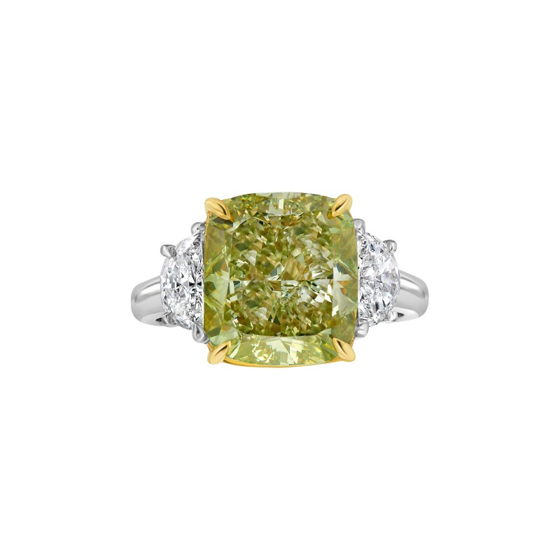 Platinum, Gold, and 6.08ct Cushion Cut Fancy Yellow Green Diamond and Diamond Ring
