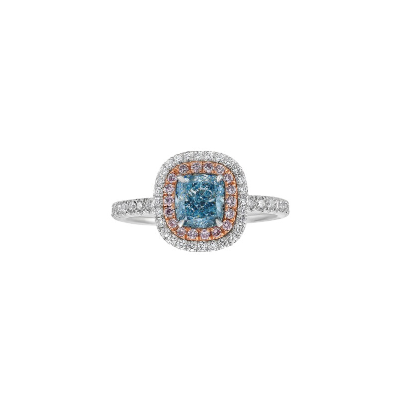 Platinum, Rose Gold, 1.01ct Cushion Cut Fancy Light Blue Diamond, Pink Diamond and Diamond Engagement Ring