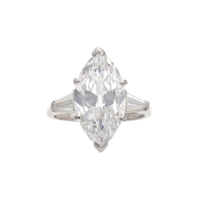 Platinum, 5.51ct Marquise Cut Diamond and Diamond Engagement Ring