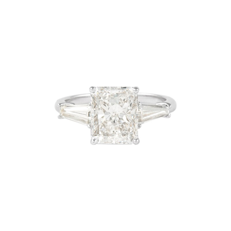 White Gold and 3.02ct Radiant Cut Diamond Three Stone Engagement Ring
