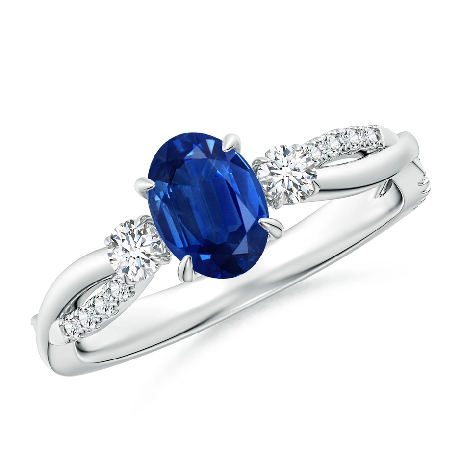 Three Stone Oval Blue Sapphire & Round Diamond Engagement Ring