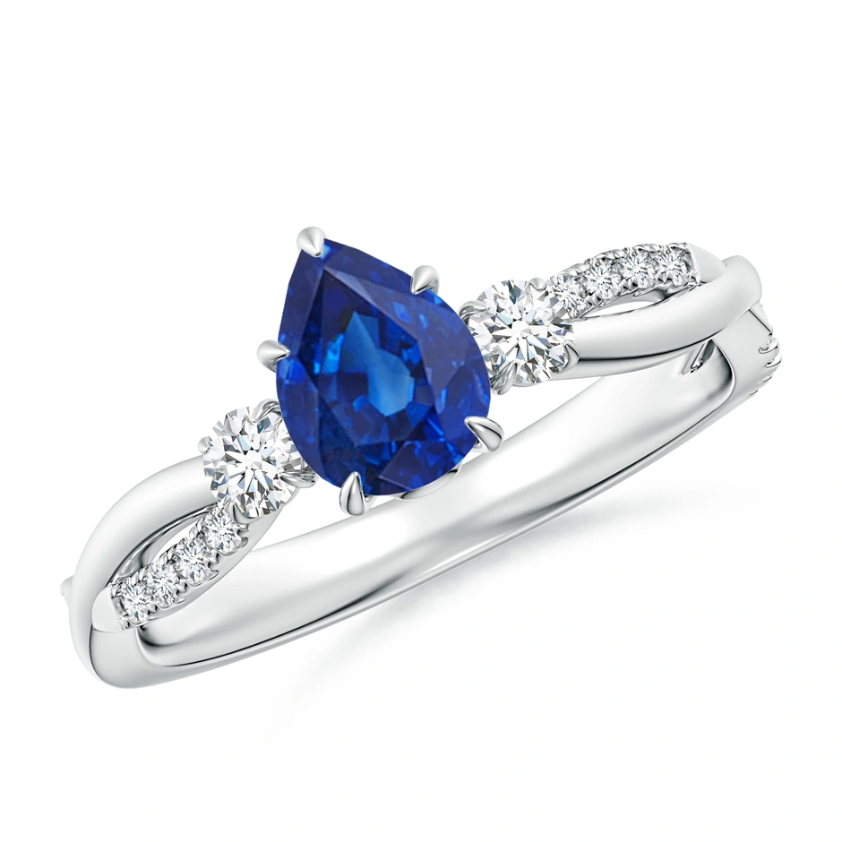 Three Stone Pear Blue Sapphire & Diamond Engagement Ring