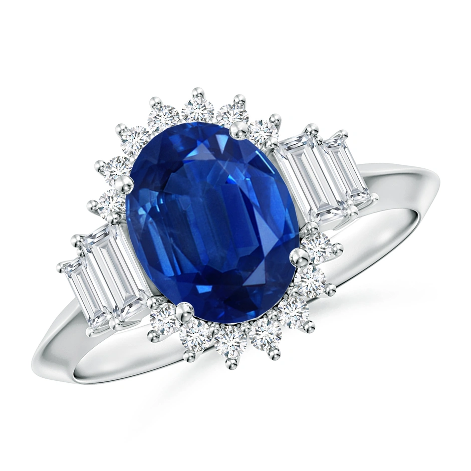 Oval Blue Sapphire Halo Knife-Edge Shank Engagement Ring