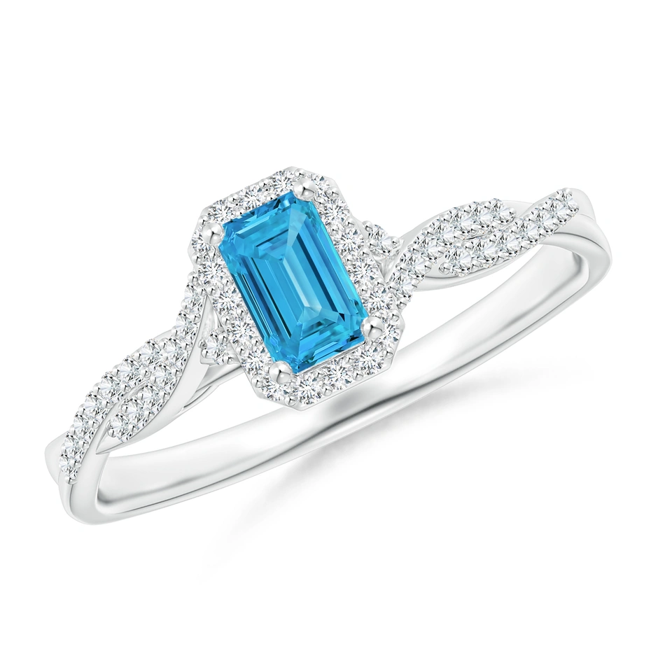 Emerald-Cut Fancy Intense Blue Diamond Halo Twisted Shank Ring