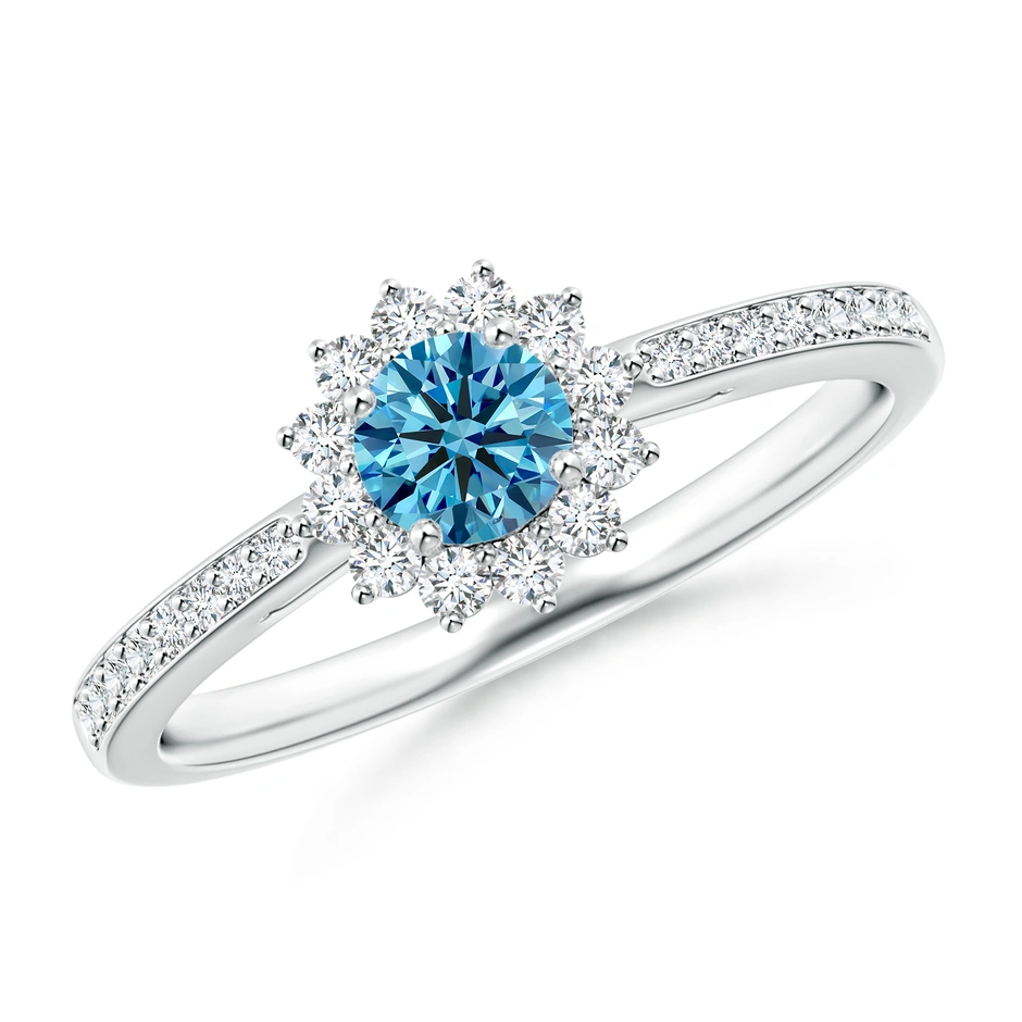 Classic Floral Halo Round Fancy Intense Blue Diamond Ring with Accents