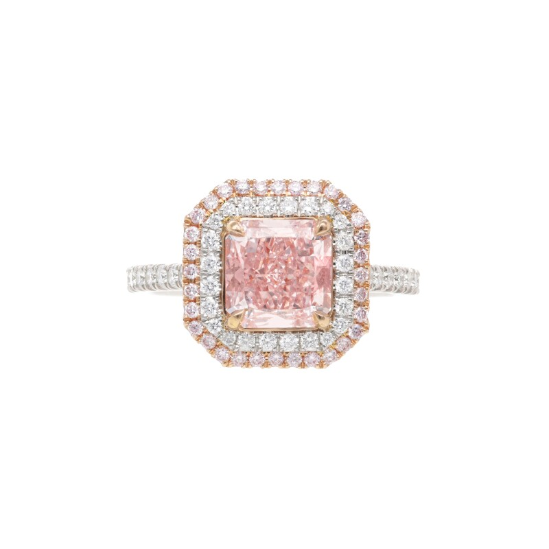 Platinum, Rose Gold, 2.06ct Radiant Cut Fancy Pink Diamond and Diamond Ring