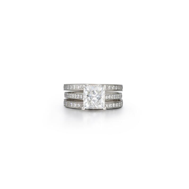 Platinum, 2.17ct Princess Cut Diamond and Diamond Engagement Ring