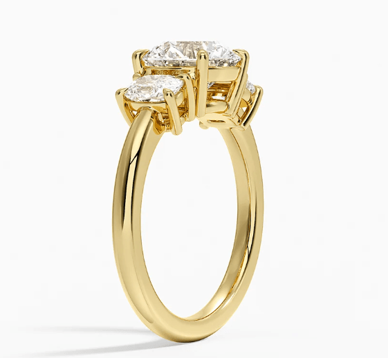 Faye Elongated Cushion Three Stone Diamond Engagement Ring in 18K Yellow Gold