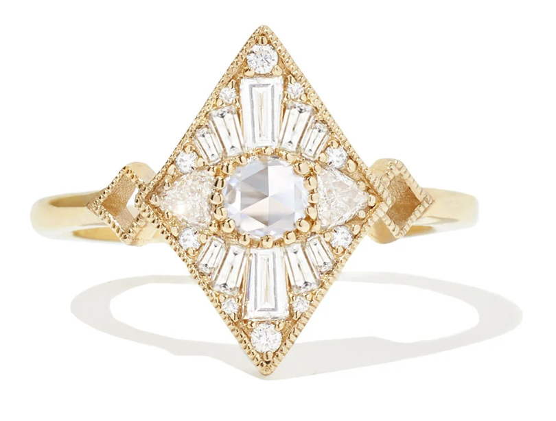 A playful kite shape with airy, rose-cut diamond shimmer.