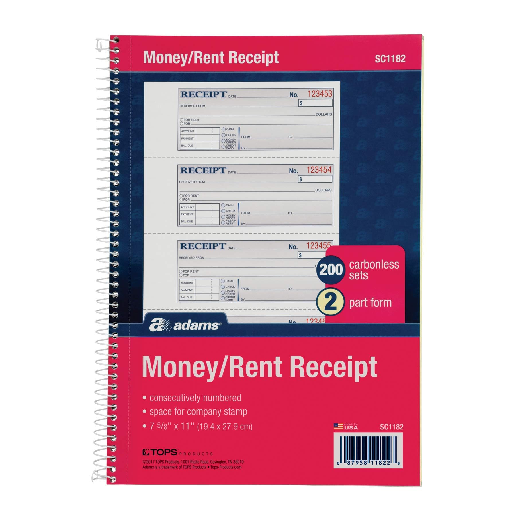 Adams two-part carbonless money and rent receipt book