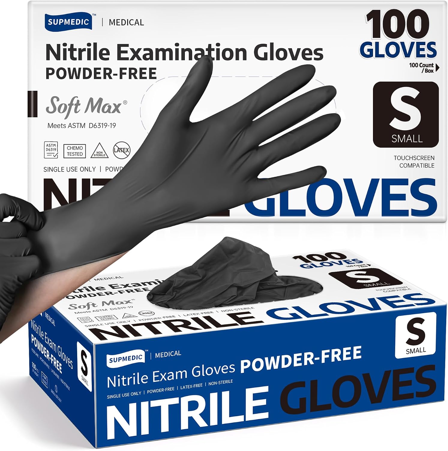 Supmedic black nitrile exam gloves, powder-free, 100 count