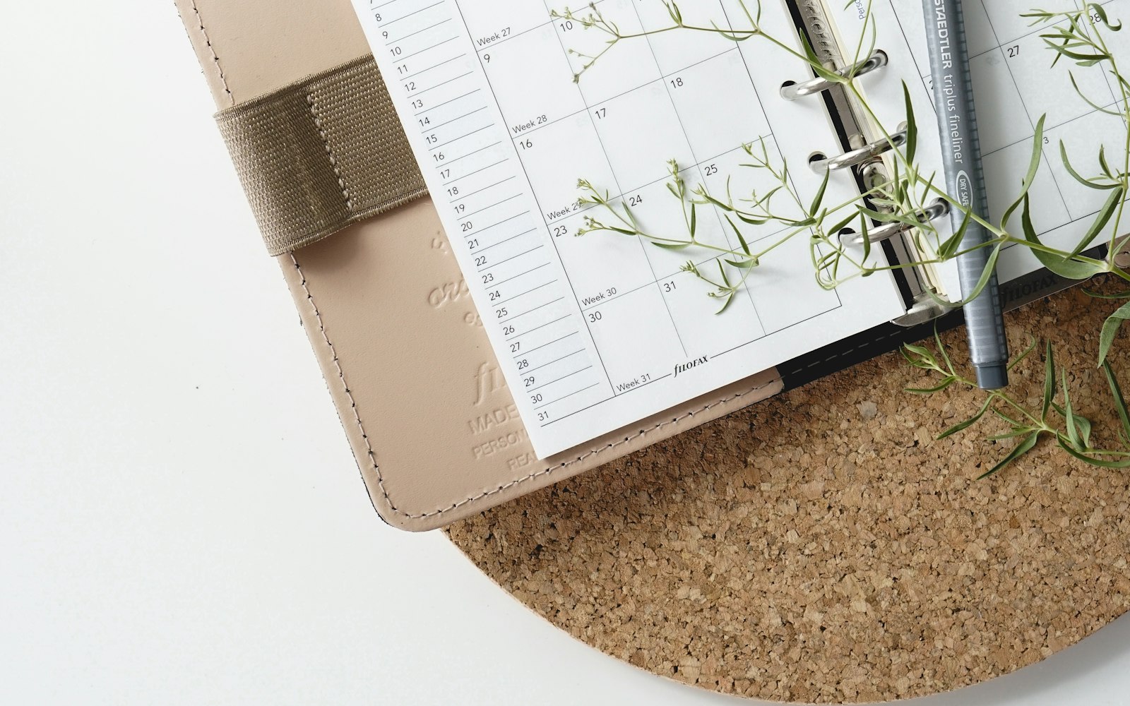 Pen resting on an open calendar book