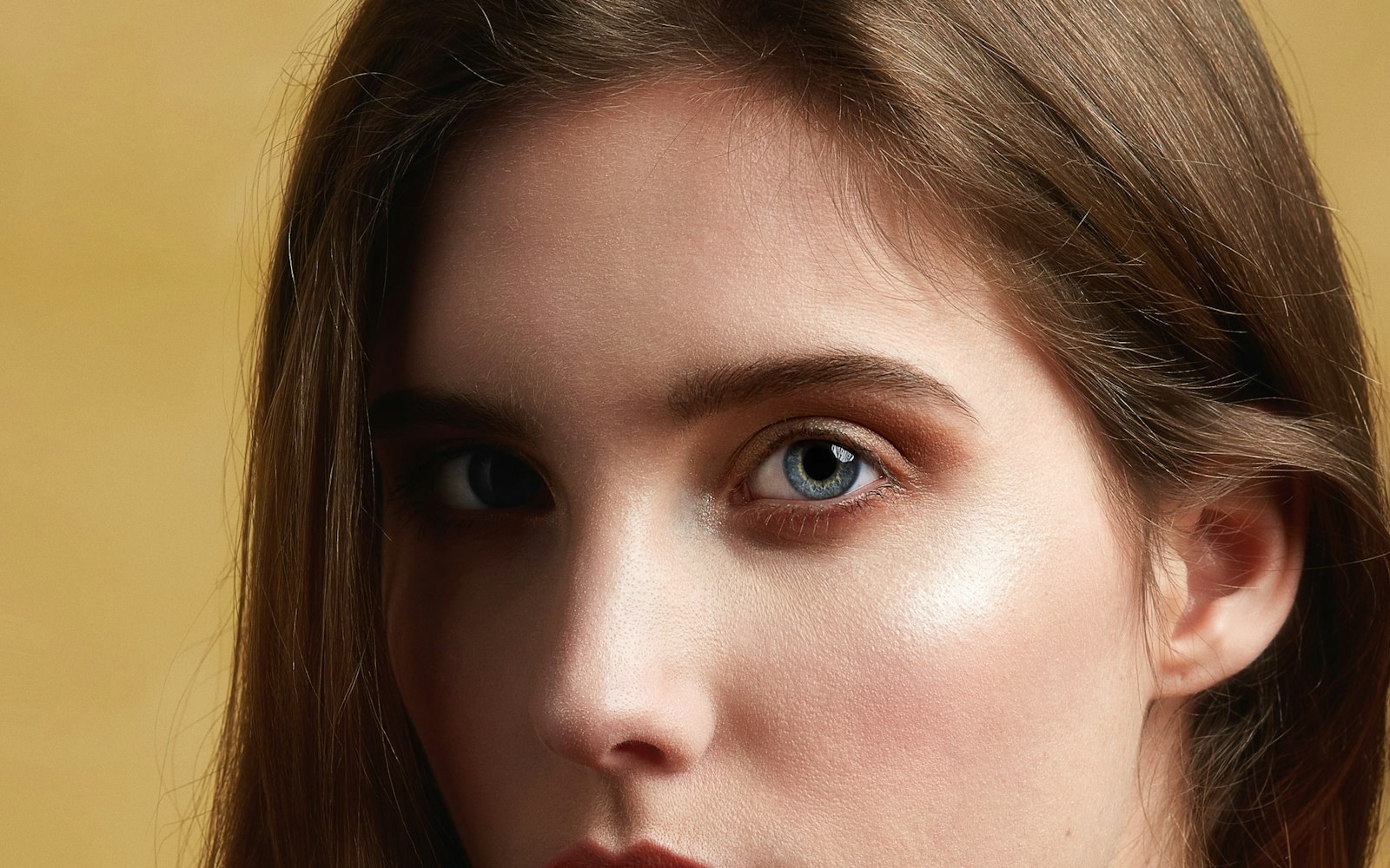 Close-up of highlighted cheekbone and soft bronzed eyes