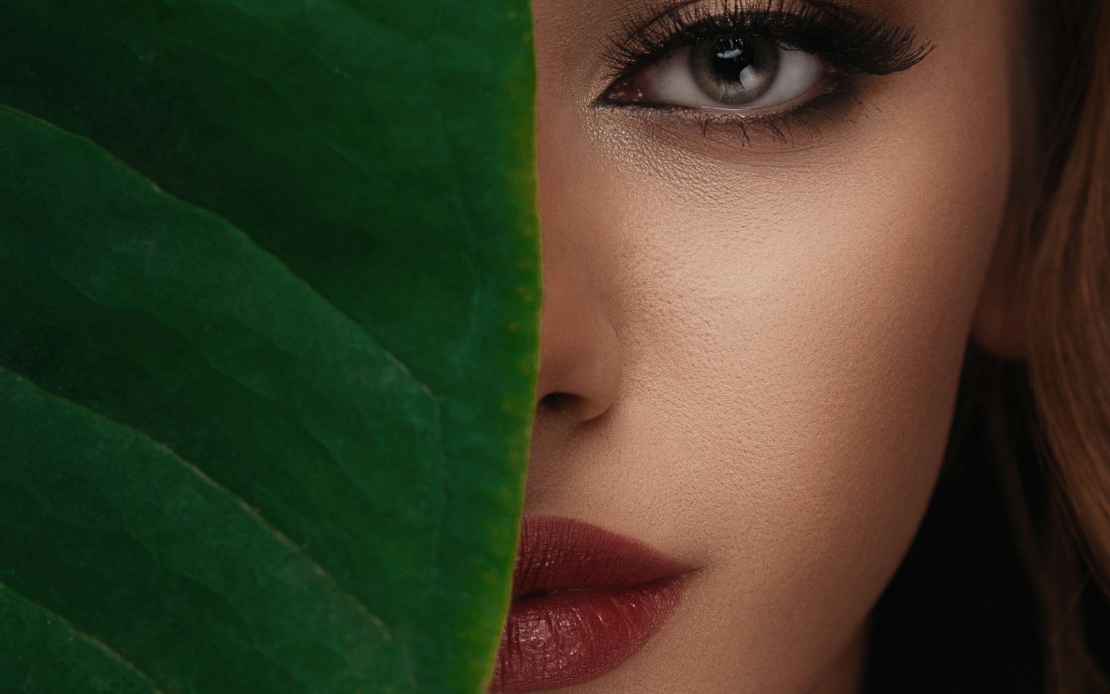Editorial close-up of a defined eye beside a green leaf